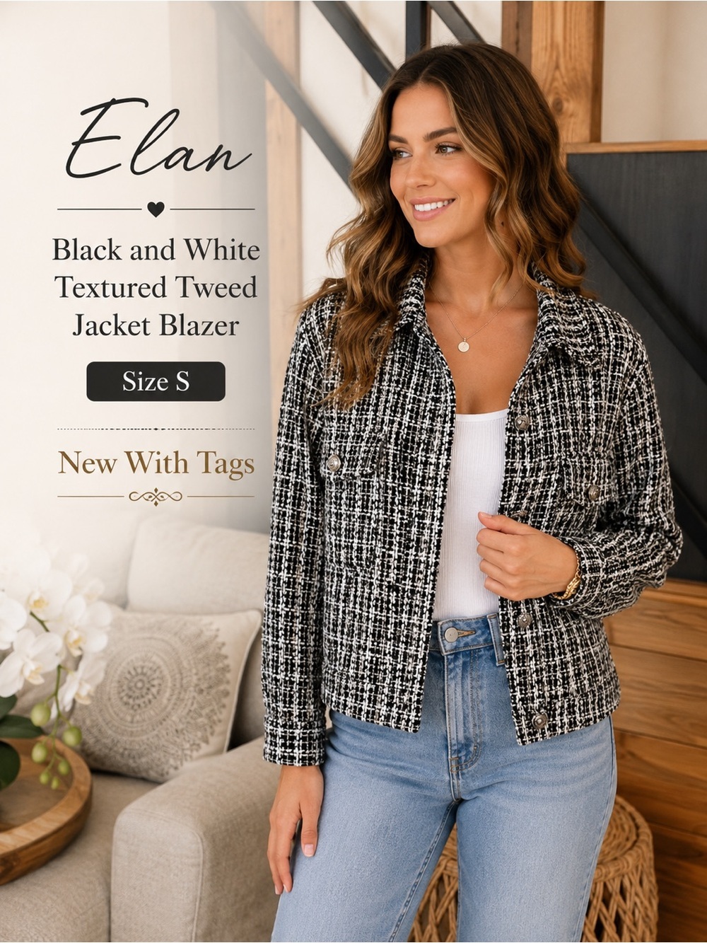 Elan Black and White Textured Tweed women Jacket Blazer Size S New With Tags